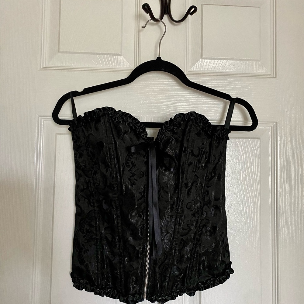 black strapless satin corset top